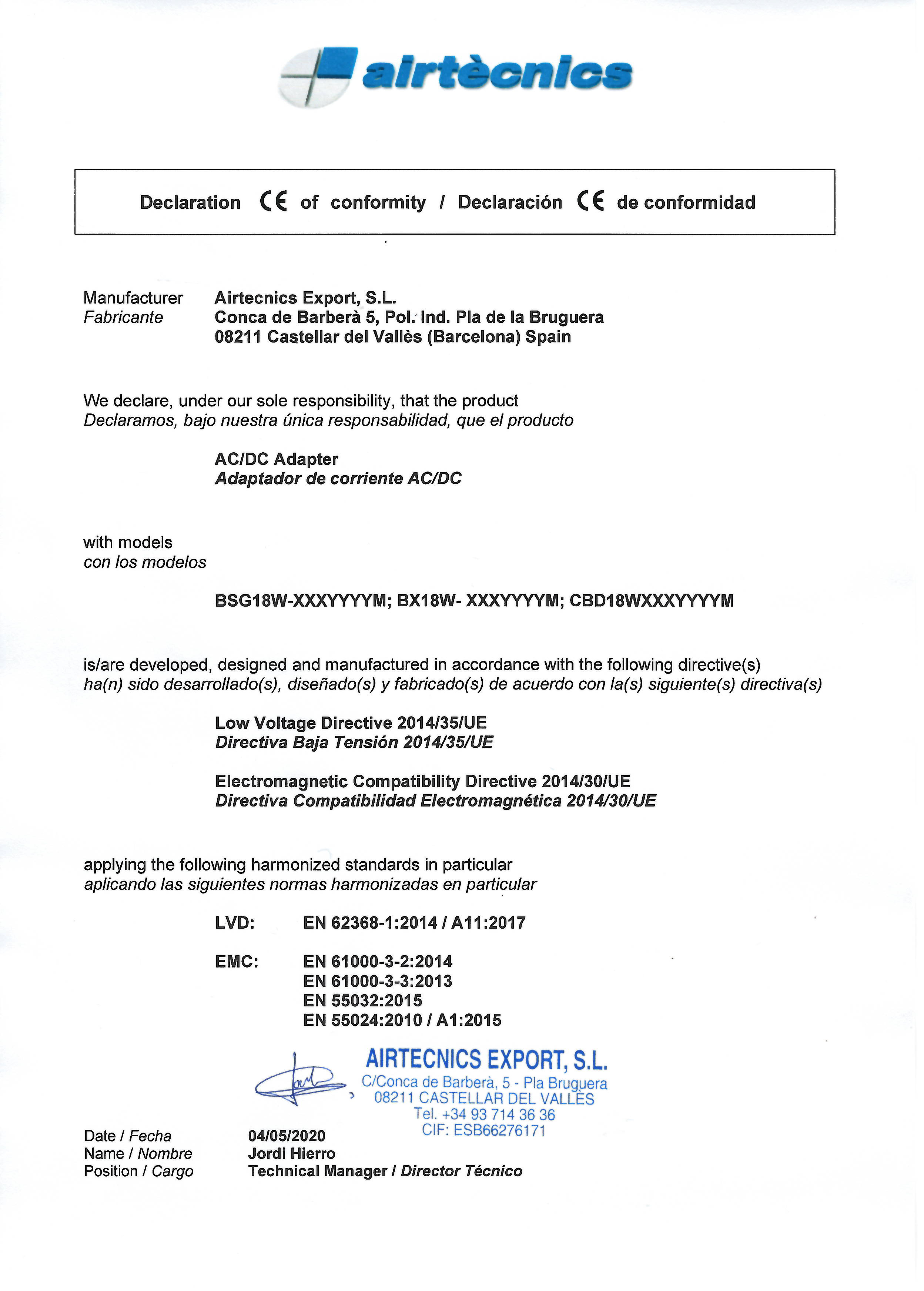 Conformity Declaration Airtècnics Export - Wellisair AC_DC Adapter
