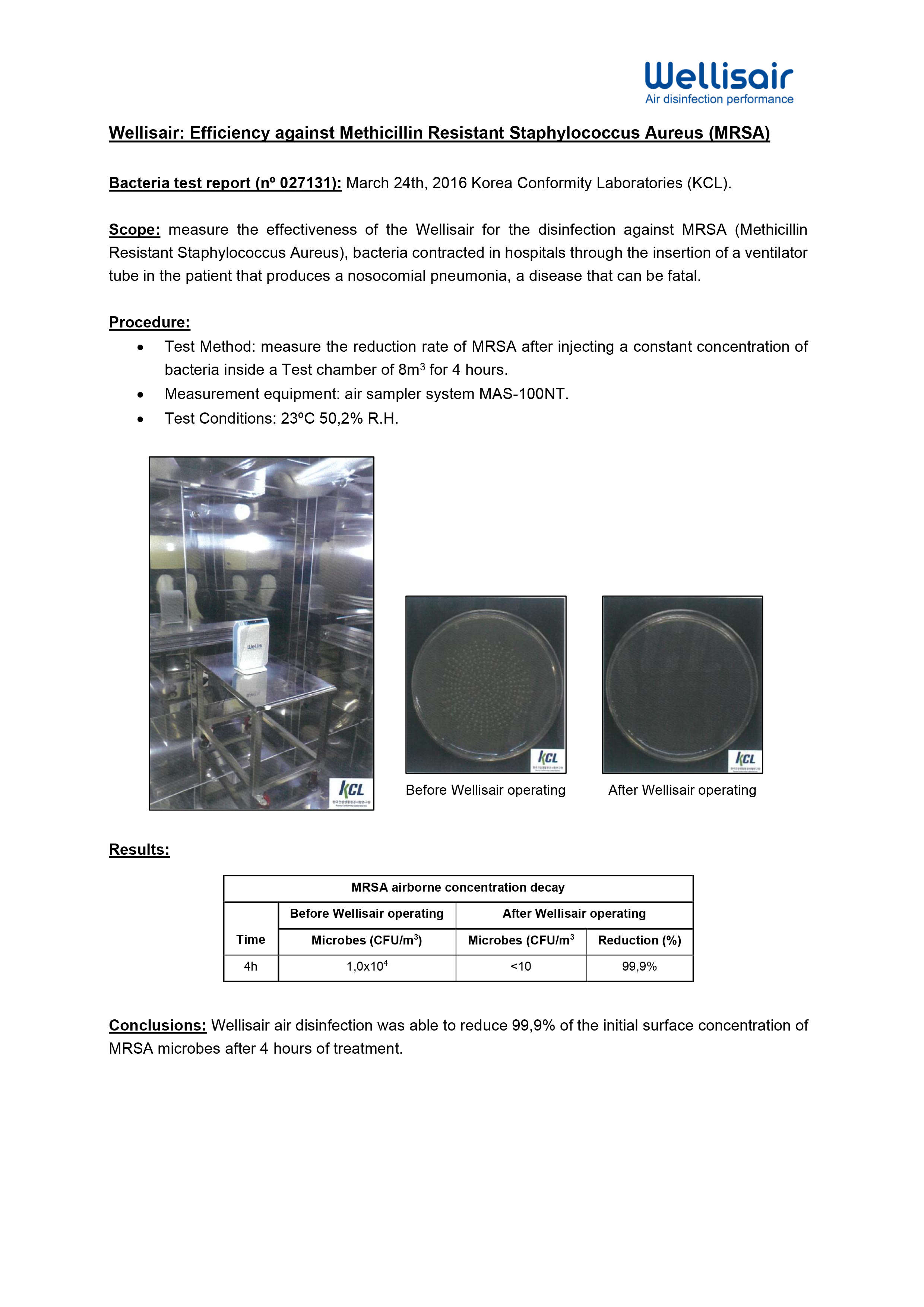 Efficiency against Methicillin Resistant Staphylococcus Aureus (MRSA) - Test result Korea Conformity Laboratories