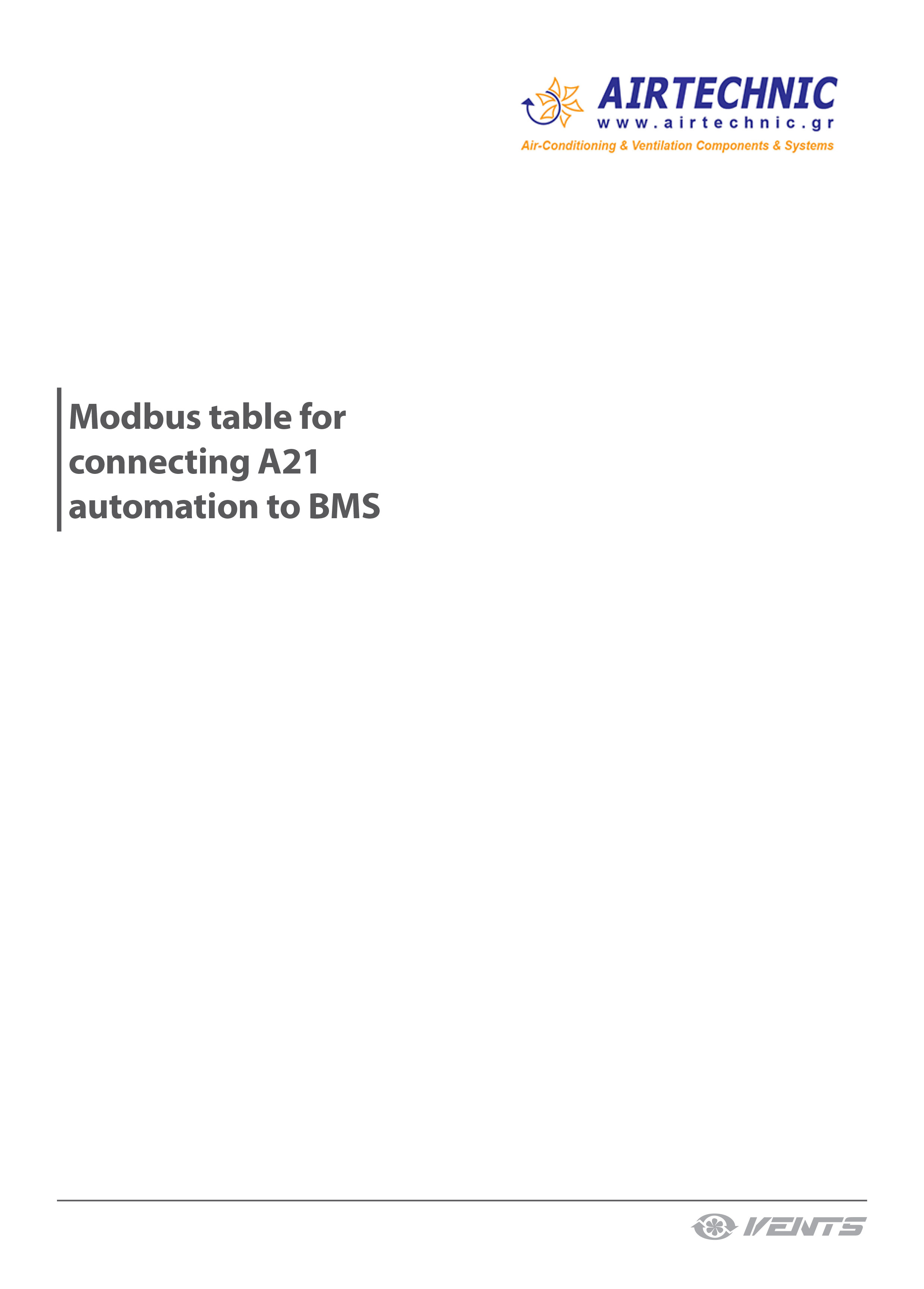 USER's MANUAL "Modbus table for connecting A21 automation to BMS"