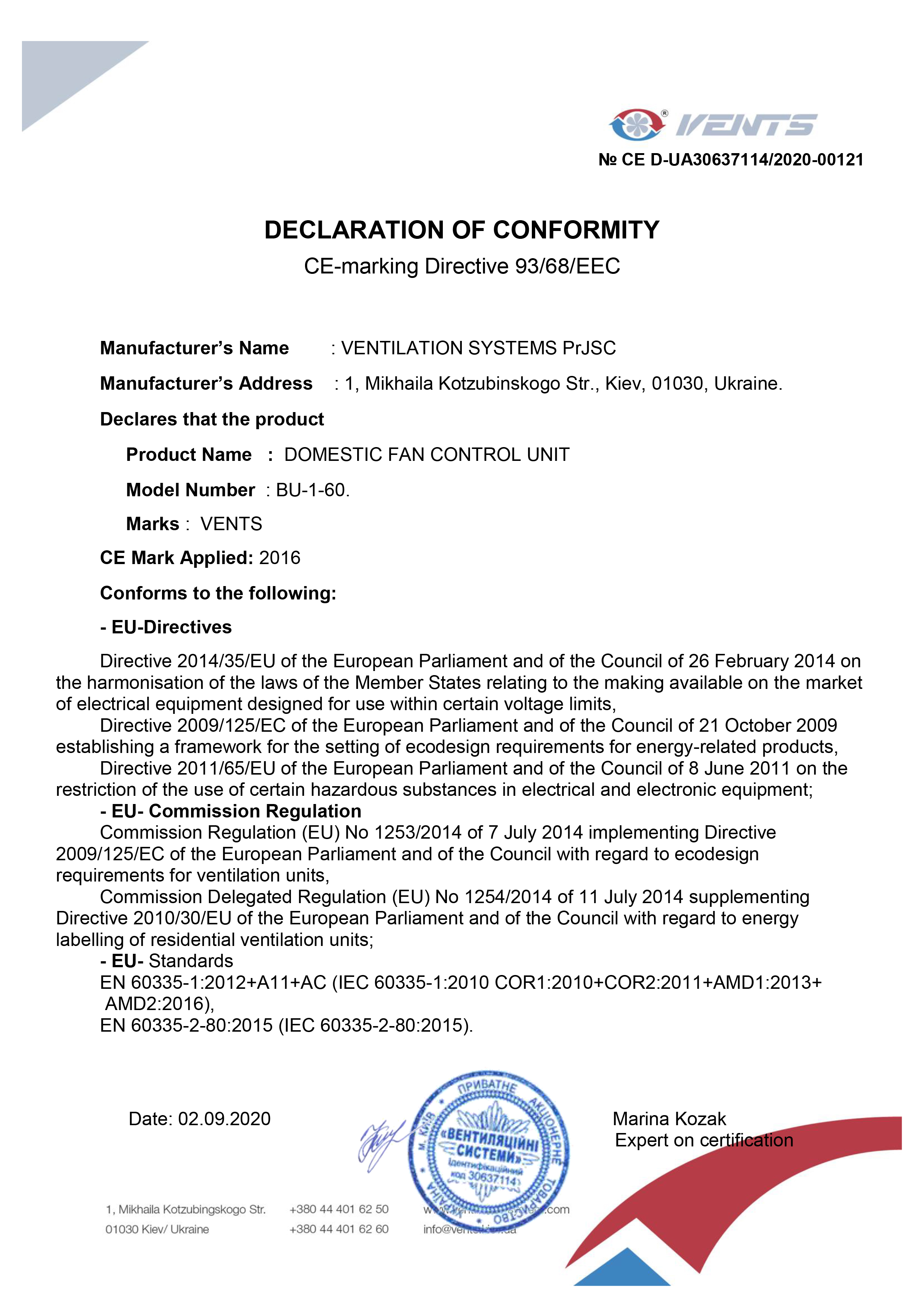 DECLARATION of CONFORMITY "BU-1-60"