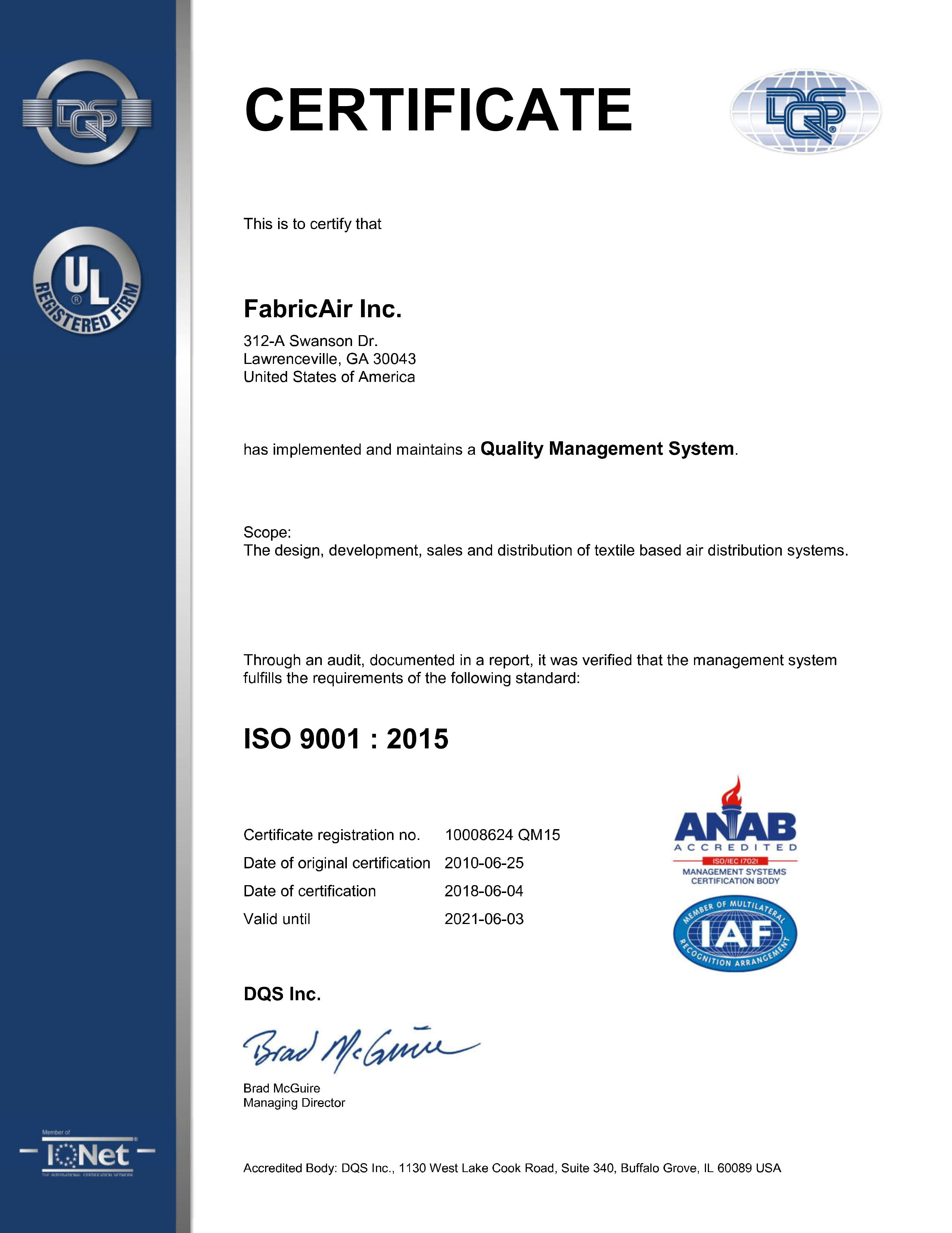 ISO 9001 FABRICAIR